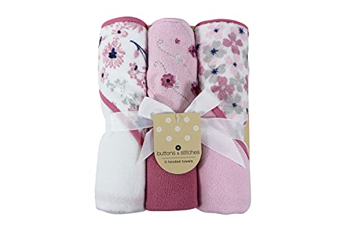 Cudlie Buttons Stitches Baby Hooded Towels 3 Pack Crisp Blossom Print