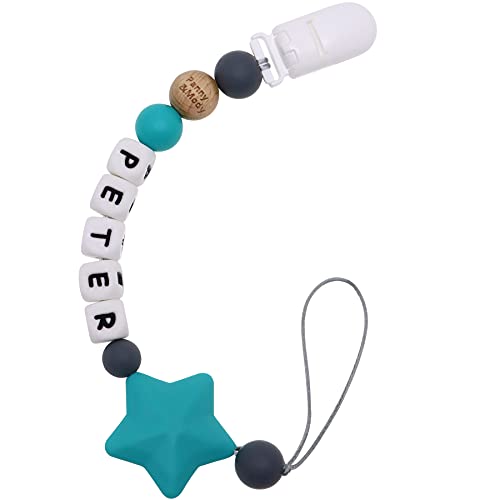 Panny Mody Personalized Pacifier Clip with Name and Turquoise Star 1