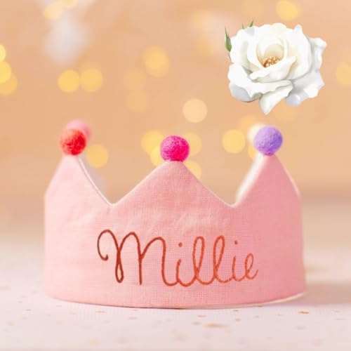 Personalized Pink Baby Birthday Crown with Embroidered Name