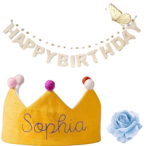 Handmade Yellow Birthday Crown with Embroidered Name