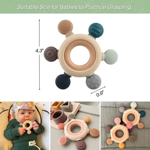 Kalovin Baby Teething Toy with Wooden Ring 3 Months Gray 6 Directions