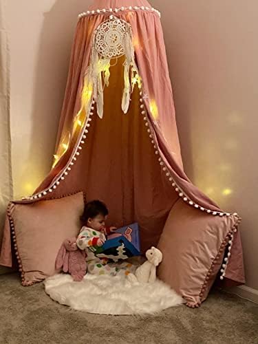 LOAOL Pink Kids Bed Canopy with Pom Pom Decoration