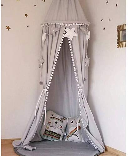 Kids Bed Canopy with Pom Pom Gray Cover