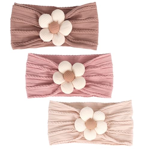 3 Pcs Baby Girls Flower Headbands Set Beige Pink Khaki
