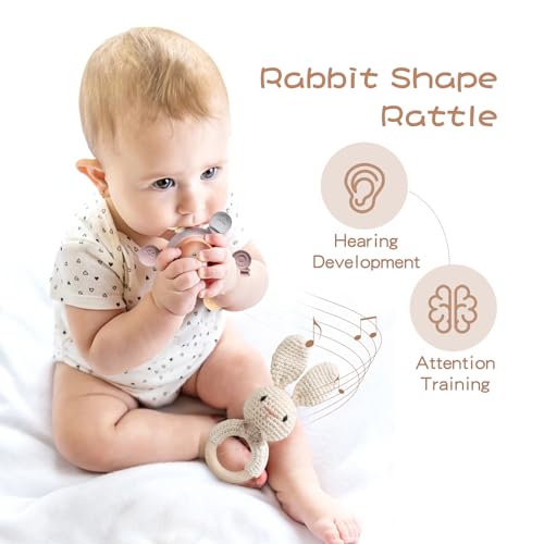 Wooden Baby Rattle Crochet Bunny and Ring Teether Set