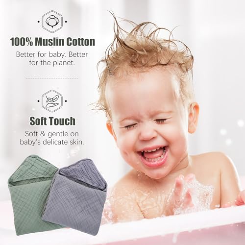 2 Pack Hooded Baby Towels - 100 Muslin Cotton Green and Grey