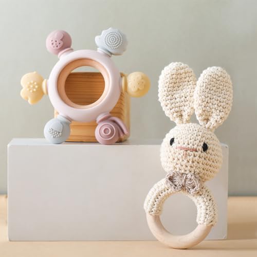 Wooden Baby Rattle Crochet Bunny and Ring Teether Set