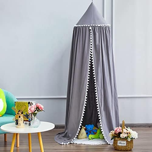 Kids Bed Canopy with Pom Pom Gray Cover