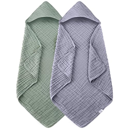 2 Pack Hooded Baby Towels - 100 Muslin Cotton Green and Grey