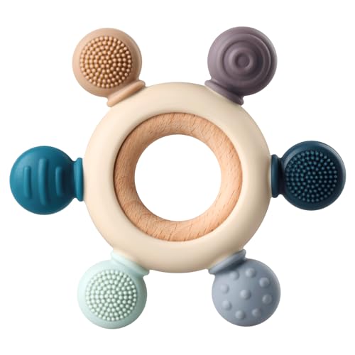 Kalovin Baby Teething Toy with Wooden Ring 3 Months Gray 6 Directions