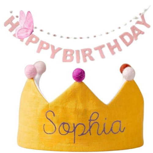 Handmade Yellow Birthday Crown with Embroidered Name