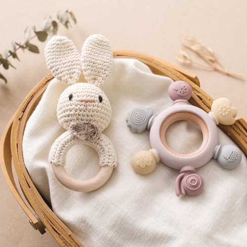 Wooden Baby Rattle Crochet Bunny and Ring Teether Set