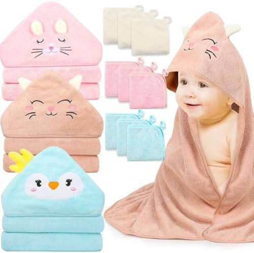 12 PCS Hooded Baby Towels Set for Kids and Newborns