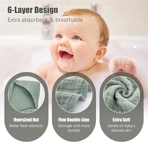 2 Pack Hooded Baby Towels - 100 Muslin Cotton Green and Grey