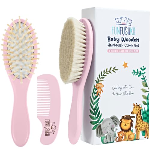 Funfushka Wooden Baby Hair Brush and Comb Set - Rosa