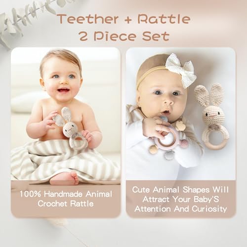 Wooden Baby Rattle Crochet Bunny and Ring Teether Set