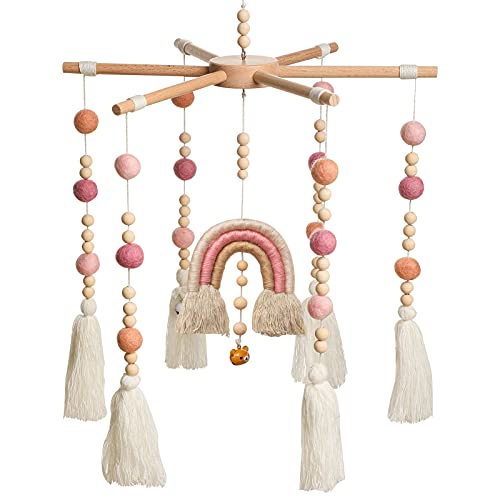 HI BABY MONMENT Wooden Baby Mobile with Cotton Balls and Bell