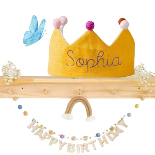 Handmade Yellow Birthday Crown with Embroidered Name