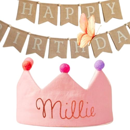Personalized Pink Baby Birthday Crown with Embroidered Name