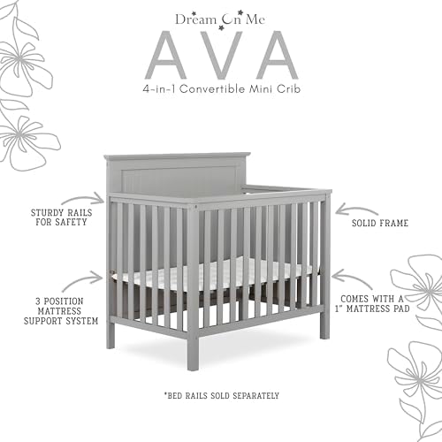 Dream On Me Ava 4-in-1 Convertible Mini Crib in Pebble Grey