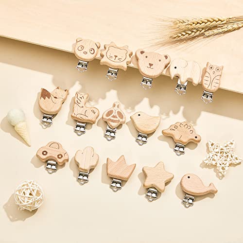 20 Piece Wood Pacifier Clips with Cute Animal Patterns