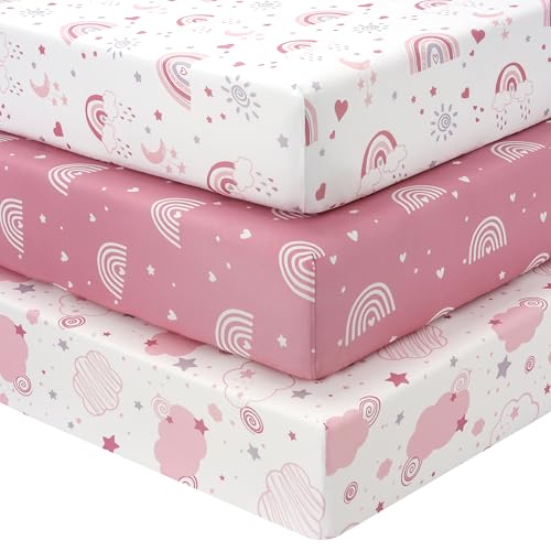FIEMOL Baby Crib Sheets 3 Pack Pink Rainbow Microfiber