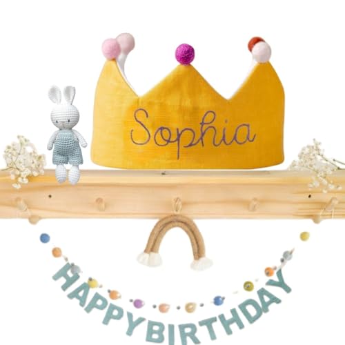 Handmade Yellow Birthday Crown with Embroidered Name