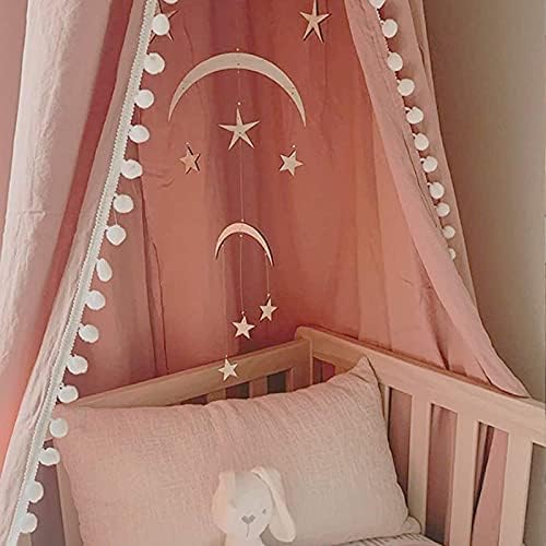 LOAOL Pink Kids Bed Canopy with Pom Pom Decoration