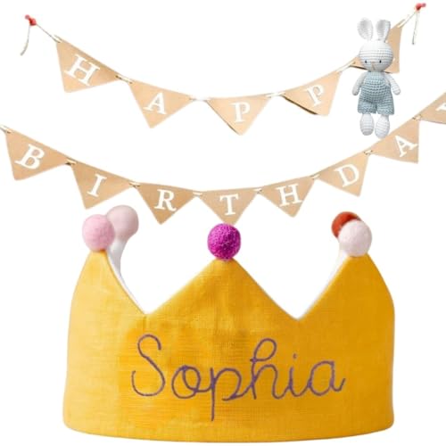 Handmade Yellow Birthday Crown with Embroidered Name