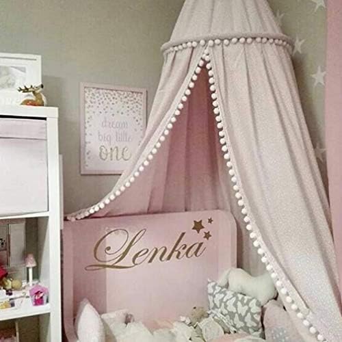 LOAOL Pink Kids Bed Canopy with Pom Pom Decoration