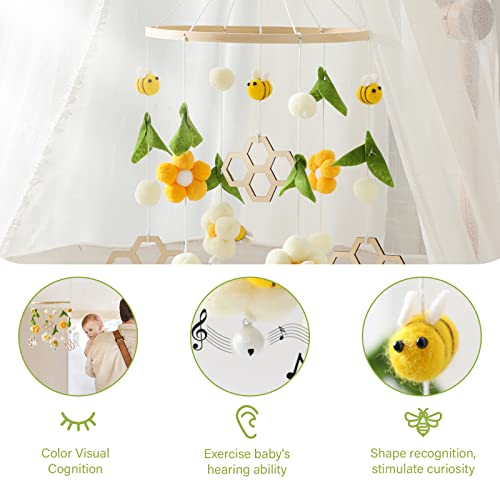 Boho Bee Flower Crib Mobile for Boys Girls - Soft Sound Sleep Aid