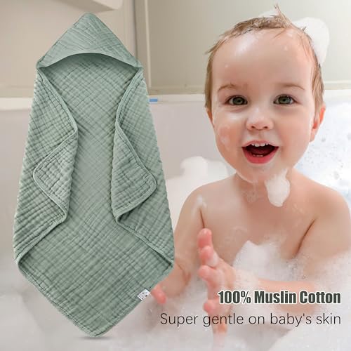 2 Pack Hooded Baby Towels - 100 Muslin Cotton Green and Grey