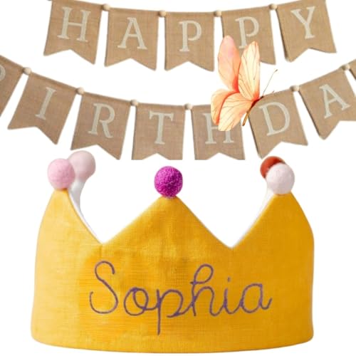 Handmade Yellow Birthday Crown with Embroidered Name