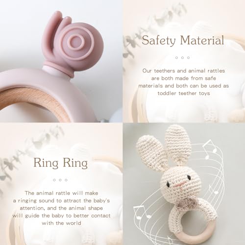 Wooden Baby Rattle Crochet Bunny and Ring Teether Set