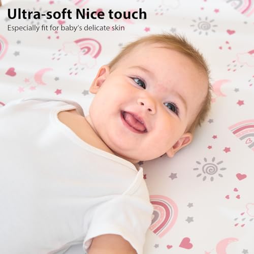 FIEMOL Baby Crib Sheets 3 Pack Pink Rainbow Microfiber