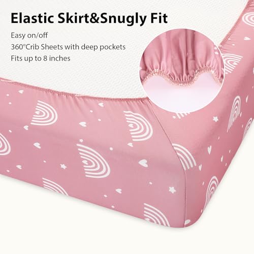 FIEMOL Baby Crib Sheets 3 Pack Pink Rainbow Microfiber
