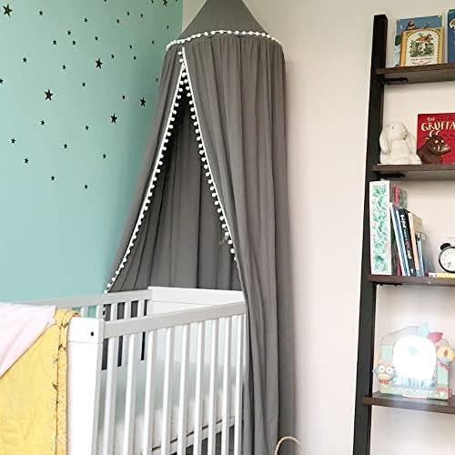 Kids Bed Canopy with Pom Pom Gray Cover