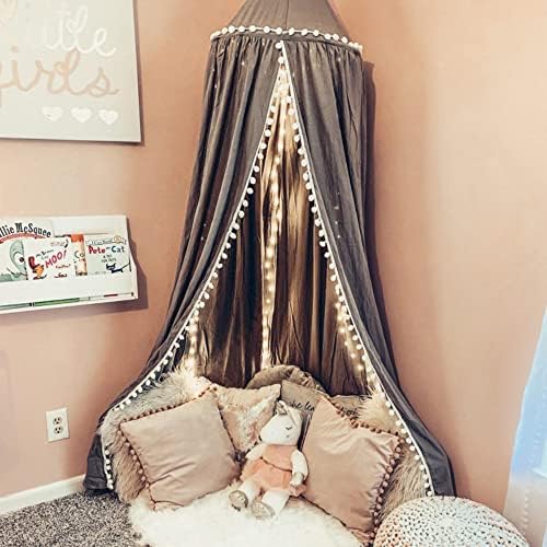 Kids Bed Canopy with Pom Pom Gray Cover