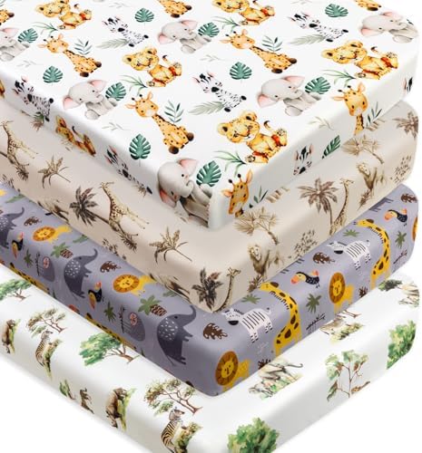 4 Pack Safari Jungle Animals Neutral Baby Sheets Set for Toddler Crib
