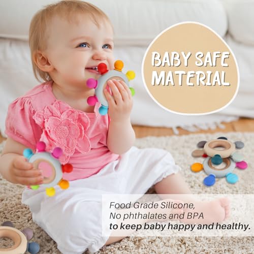 Kalovin Baby Teething Toy with Wooden Ring 3 Months Gray 6 Directions
