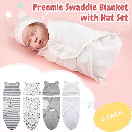 Buryeah 4 Pack Preemie Swaddle Blanket Set with Hat