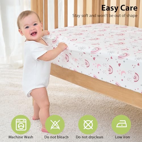 FIEMOL Baby Crib Sheets 3 Pack Pink Rainbow Microfiber
