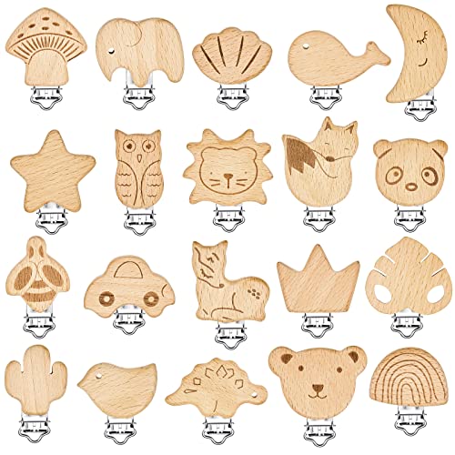 20 Piece Wood Pacifier Clips with Cute Animal Patterns