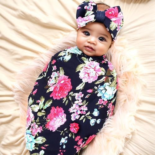 Galabloomer Flower Print Receiving Blanket Set Navy Blue Rose