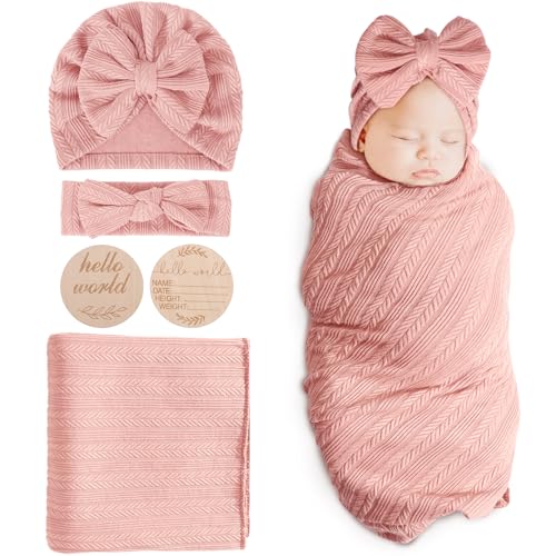 DRESHOW BQUBO Baby Swaddle Set 4PCS with Hat and Bow
