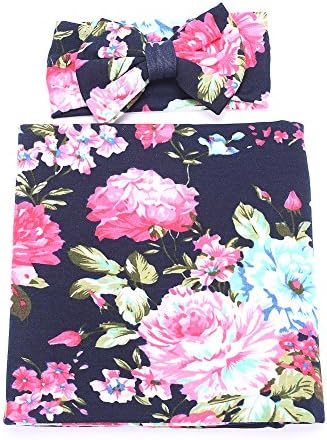 Galabloomer Flower Print Receiving Blanket Set Navy Blue Rose