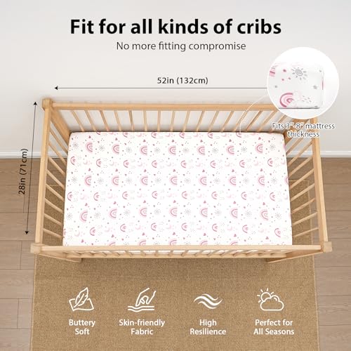 FIEMOL Baby Crib Sheets 3 Pack Pink Rainbow Microfiber