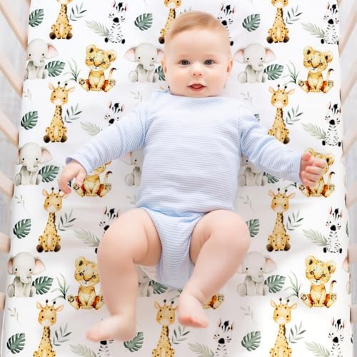 4 Pack Safari Jungle Animals Neutral Baby Sheets Set for Toddler Crib