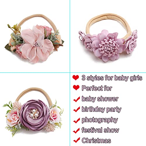 Baby Girl Headbands with Flowers and Rhinestones 3pcs