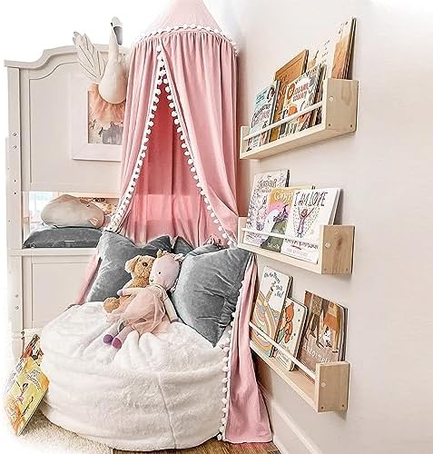 LOAOL Pink Kids Bed Canopy with Pom Pom Decoration